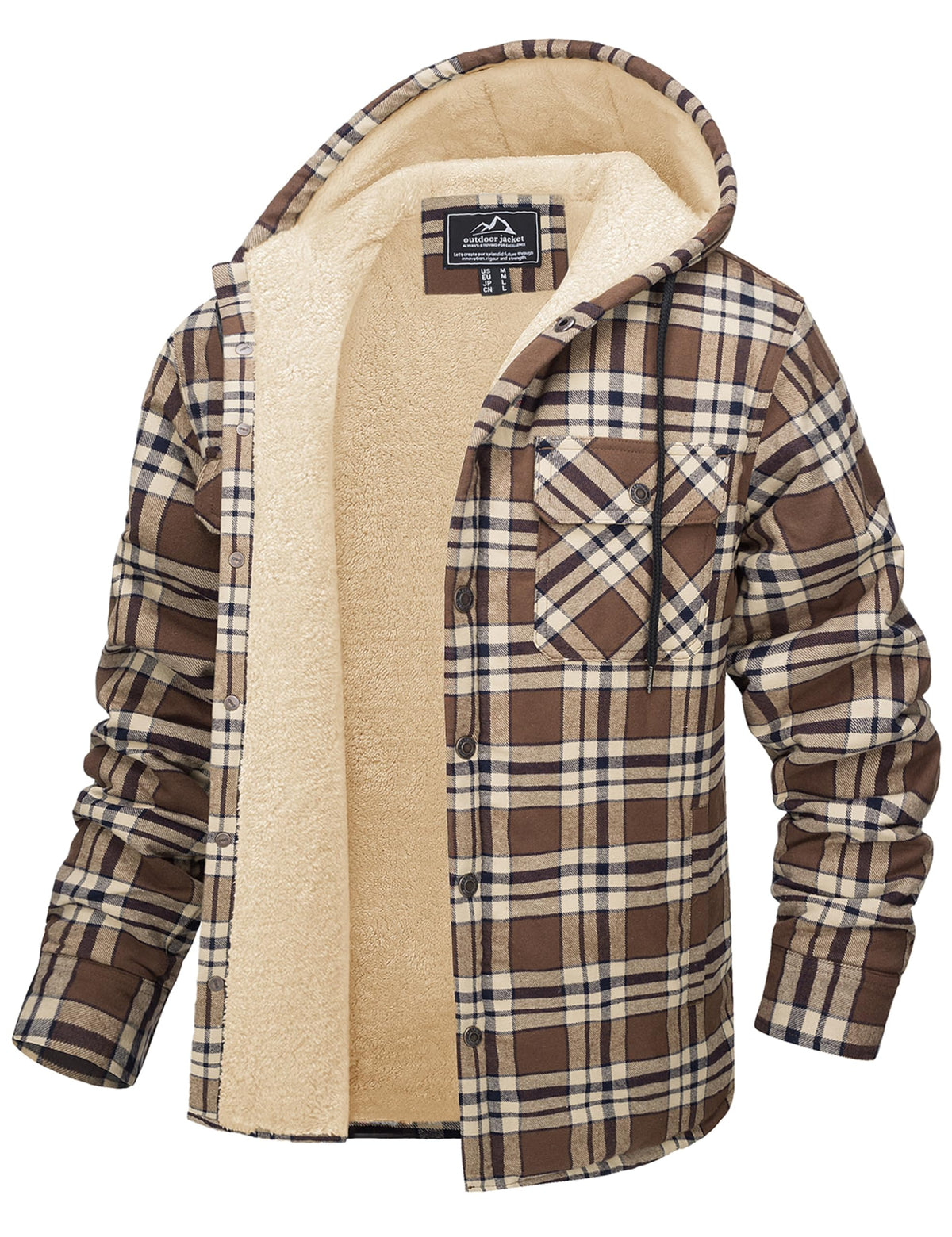 CRYSULLY Flannel Hoodie for Men Lightweight Fleece Lined Plaid Shirts Winter Warm Button Coats with Hood for Men Brown S