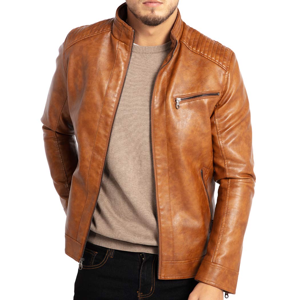 WULFUL Mens Stand Collar Leather Jacket Motorcycle Lightweight Faux Leather Outwear
