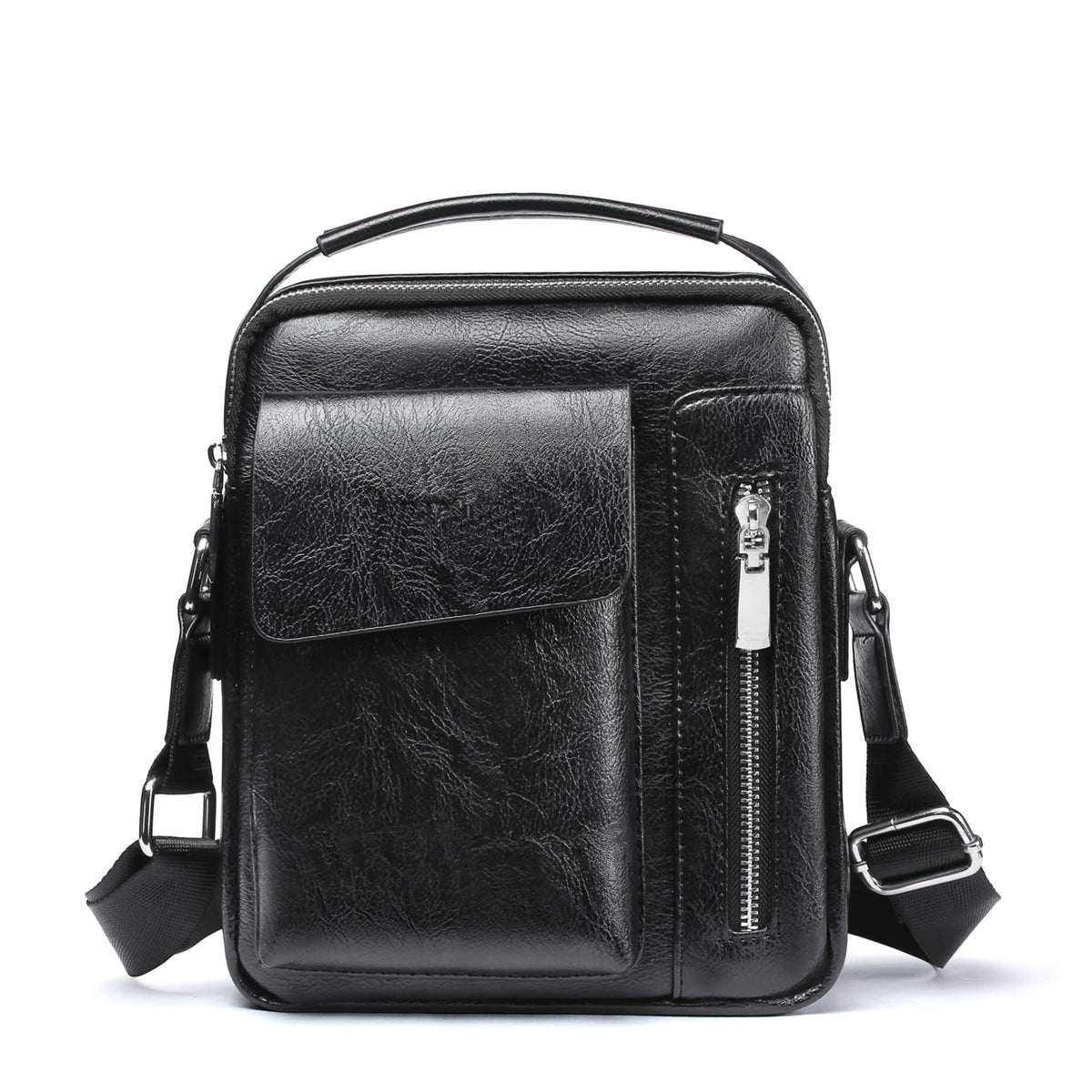 HANGMAI Leather Messenger Bags for Mens Small Crossbody Bag Shoulder Man Purse Handbag Travel for Work Business Black